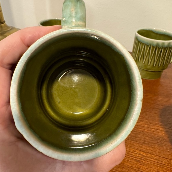 Set of four Vintage Green Drip Glaze Coffee Mugs stackable made in Japan 60s 70s - Picture 4 of 9